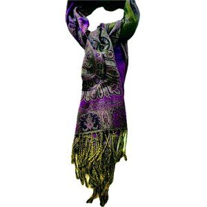 100% Pashmina Scarf Wrap Shawl Deep Purple Gold Black Paisley Pattern Fringe EUC